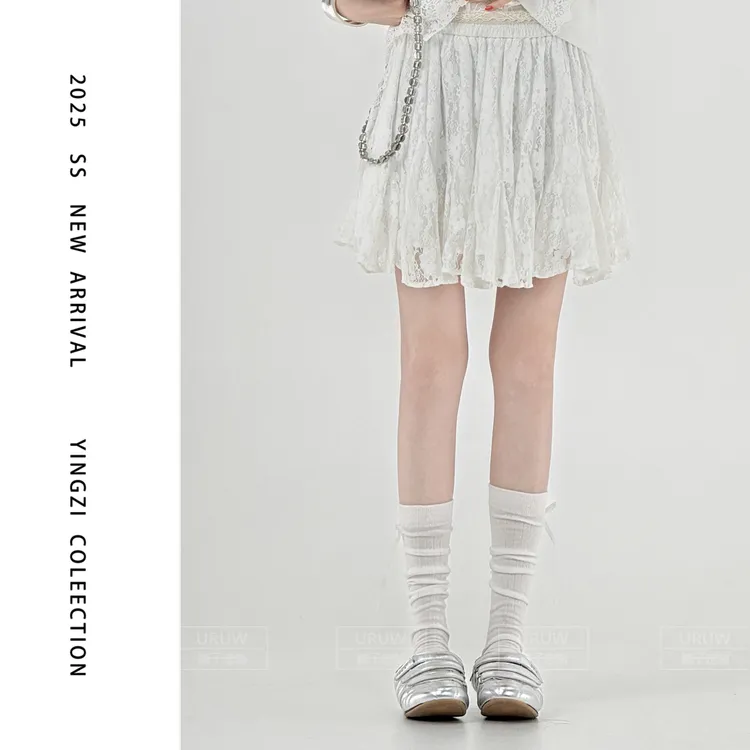 颖子定制【艺术画展】夏季休闲百搭显瘦蕾丝A字裙松紧腰短裙9739