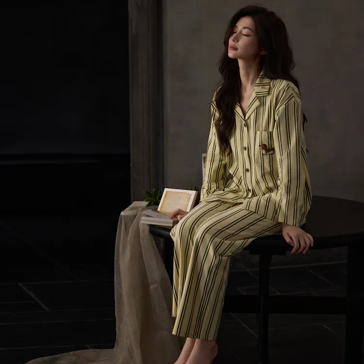 睡衣女士春秋季秋款纯棉长袖家居服2025年新款时装条纹高级感套装