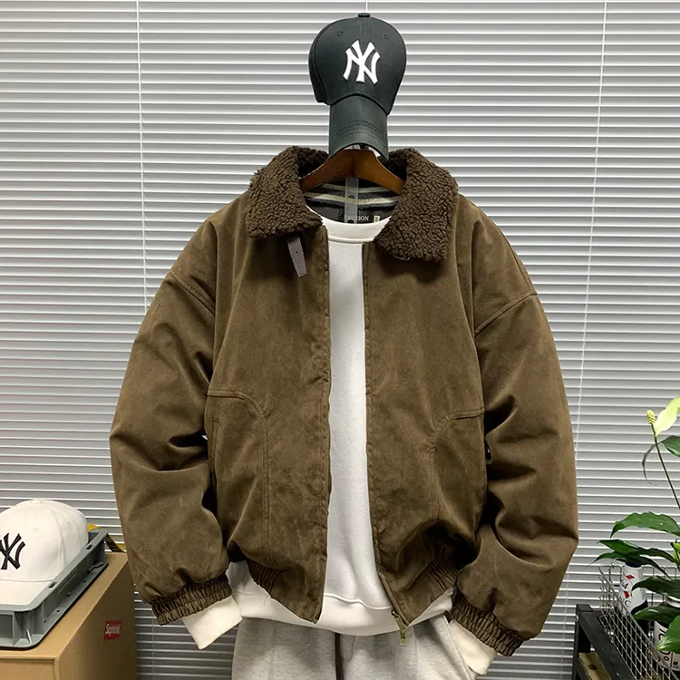 复古休闲风男羊羔绒翻领棉衣外套冬季新款休宽松加厚保暖防风棉袄