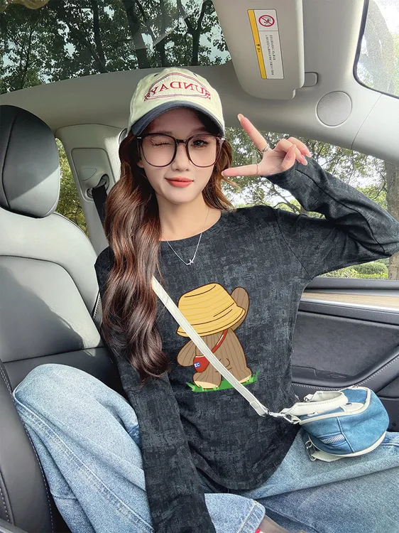 小众扎染卡通修身长袖T恤女2025早秋爆款内搭百搭减龄打底衫上衣
