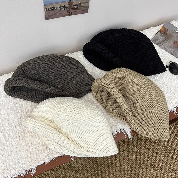 出口韩国羊毛针织卷边水桶帽子女秋冬复古咖色渔夫帽大头围盆帽潮