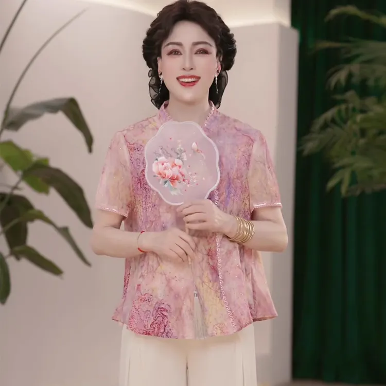 妈妈装新国风夏装时尚中老年女装洋气小衫上衣服大码新中式女套装