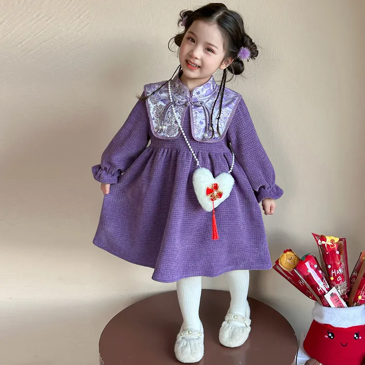 女童加绒披肩年服连衣裙儿童喜庆拜年加厚裙子小女孩宝宝春装2026