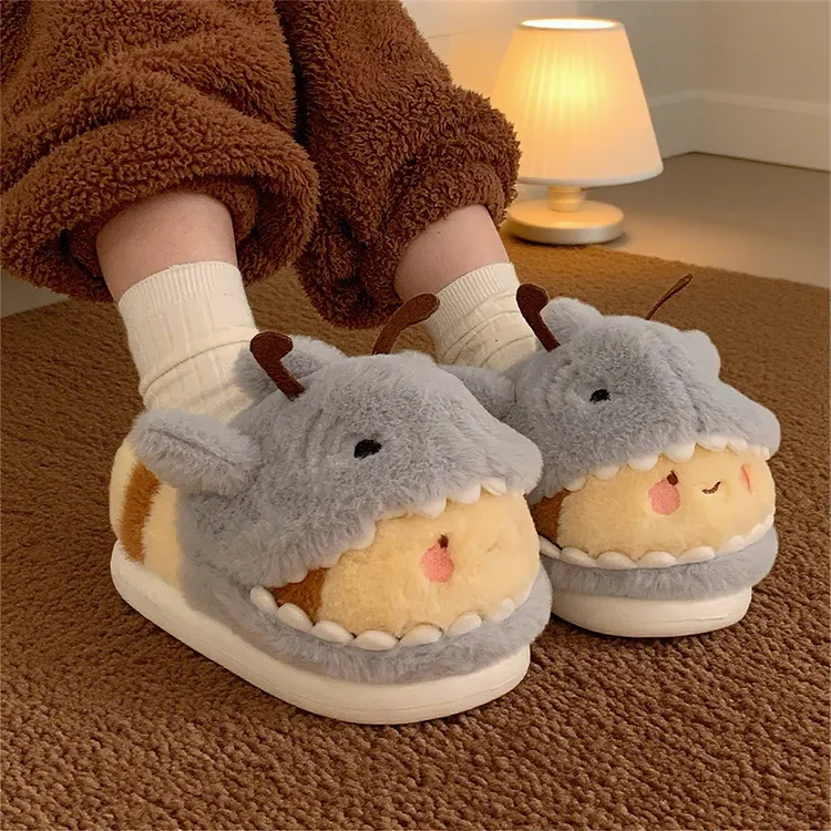 细细条 冬季新款创意趣味鲨bee情侣棉拖鞋男女卧室加绒保暖毛毛鞋