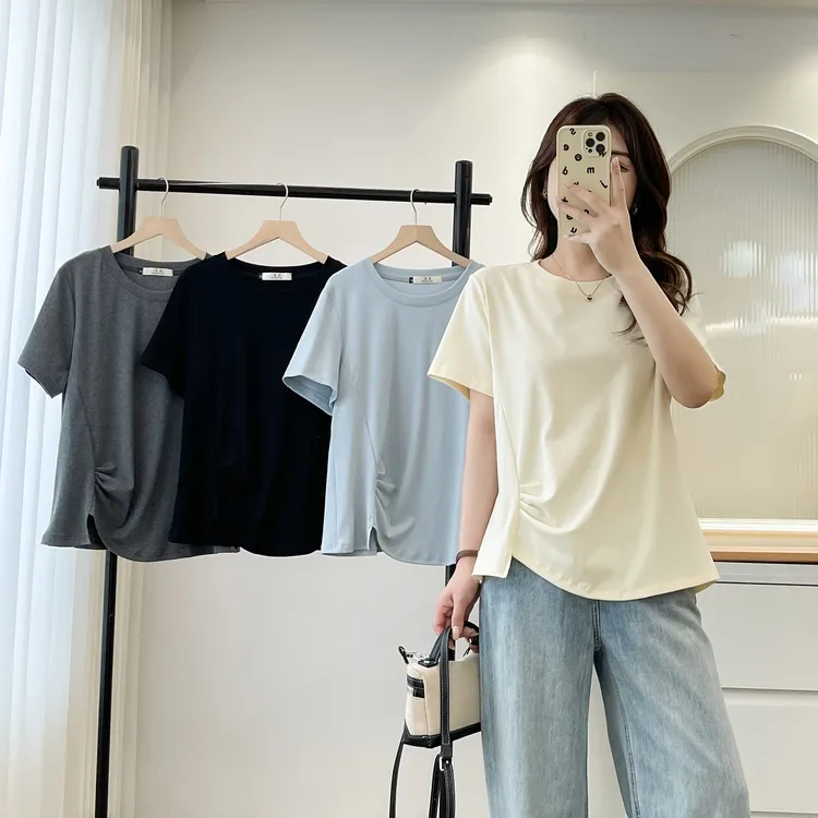 2025大码女装夏季新款短袖胖MMT恤上衣收腰上衣开叉百搭休闲ins风