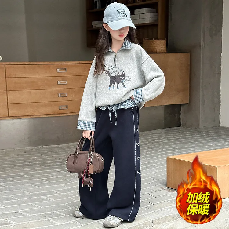 9-12岁高档女大童衣服女童加绒套装秋冬款儿童卫衣阔腿裤洋气加厚