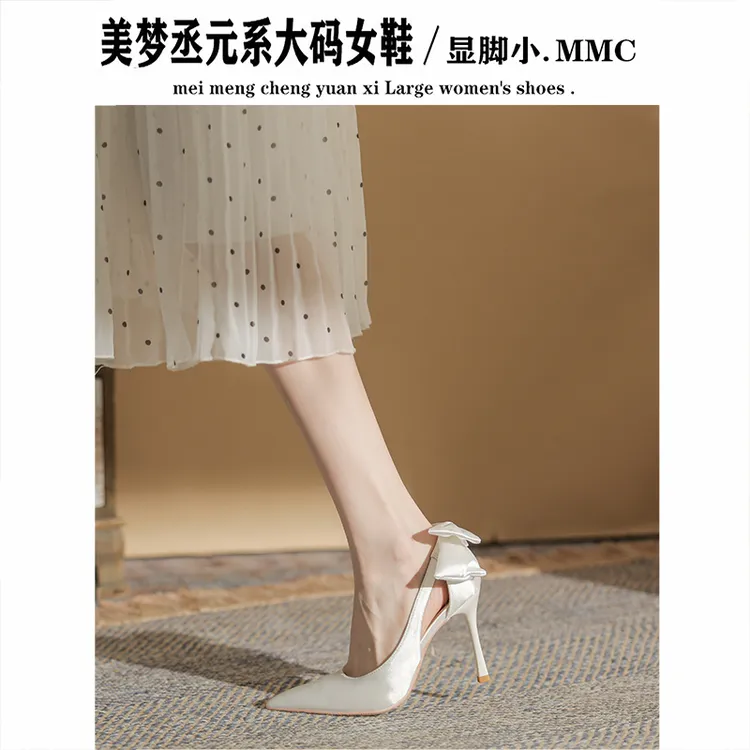 法式尖头细跟高跟鞋小众气质单鞋一脚蹬婚鞋宽胖脚大码女鞋41到43