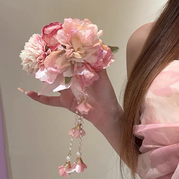 滕花之恋~超仙粉色流苏花朵发夹女发饰旗袍侧边夹发卡海边头饰