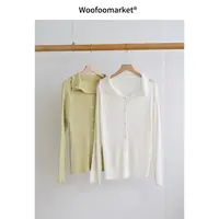 【海街日集】 翻领显瘦罗纹竖坑条单排扣打底衫女秋冬 AWMY141