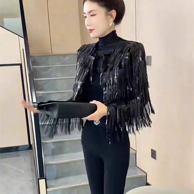 圆领纯色百搭秋冬短外套短款拼接金丝黑色上衣流苏女装女士秋季