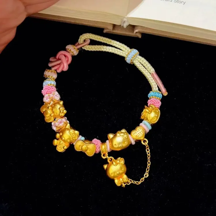 铜合金布艺手链 A94金色kitty小猫咪手链彩色粉色编织绳手饰手链