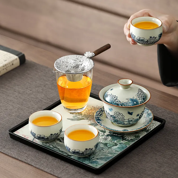 煌山青花汝窑功夫茶具套装盖碗公杯茶漏三件套公寓民宿阳台一人饮