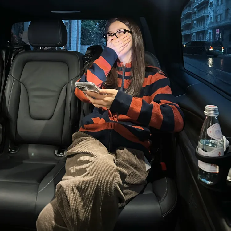 ROMI STUDIO“秋日絮语”7针绵羊毛双面条纹橙蓝毛织外套RWCASY5940