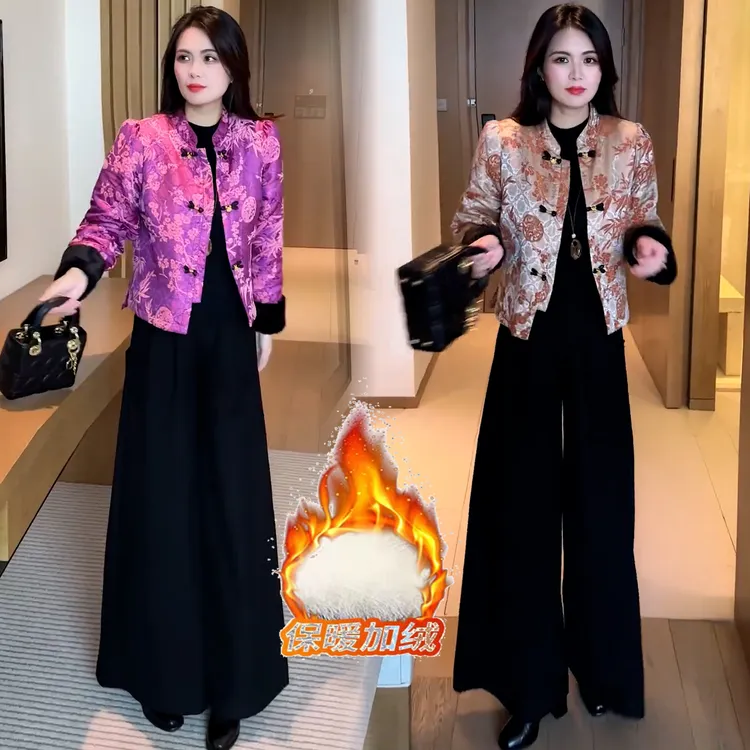 国风丝绒提花盘扣保暖短外套女2025冬季新款加绒加厚小个子潮外套