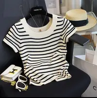 法式U领曲珠冰丝条纹针织衫正肩百搭短袖显瘦时尚韩版修身T恤女夏