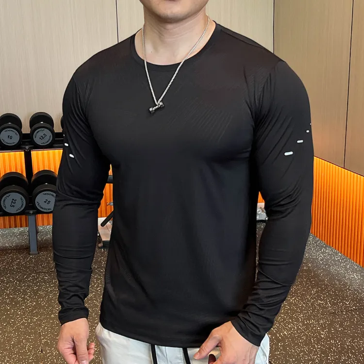 圆领健身速干男士长袖休闲极简上衣弹力衣纯色显瘦透气夜跑健身衣