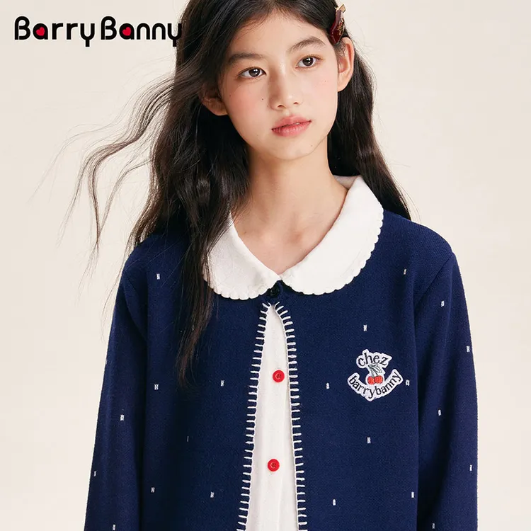 BarryBanny新款外套2025秋款女童针织开衫假两件学院风套装翻领