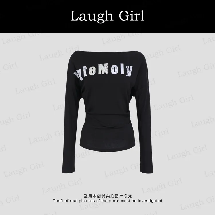 楚楚君 Laugh girl【时髦街头】斜肩时尚百搭字母长袖上衣TL53629J