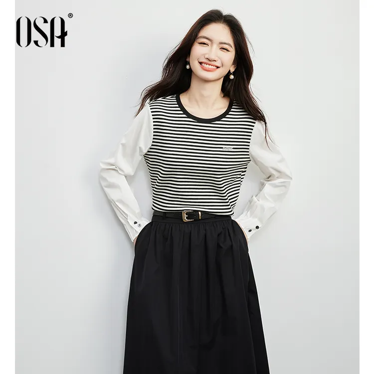 OSA/欧莎【进阶条纹T】圆领长袖T恤女休闲宽松上衣S125C11005