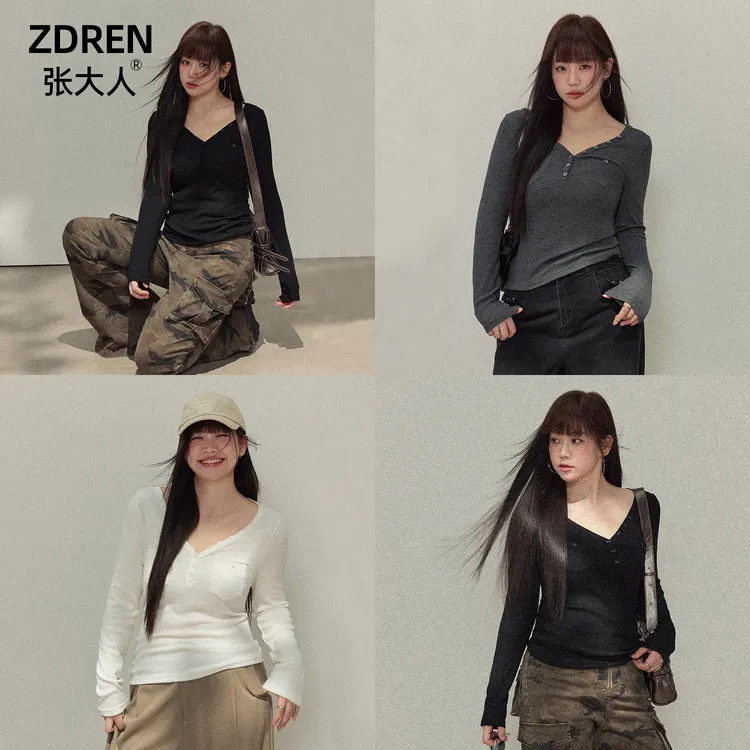 张大人【冷萃风尚】大码女装微胖妹妹初秋针织黑白灰慵懒感T恤上衣