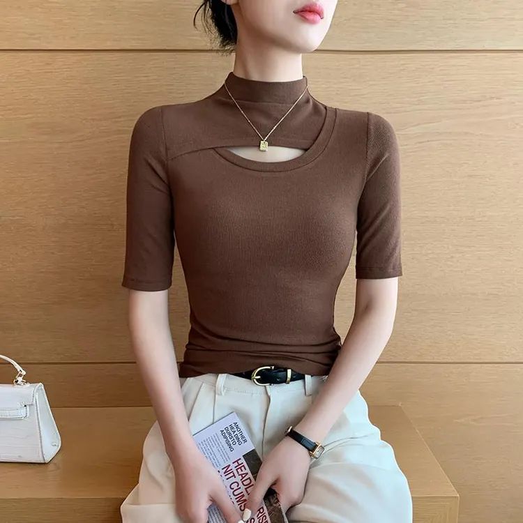 VOCKOO镂空半高领中袖t恤女2025新款黑色内搭高级感修身打底衫紧
