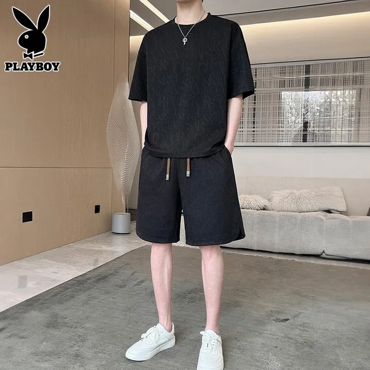花花公子男士休闲套装2025夏季新款冰丝短袖t恤搭配运动短裤一套