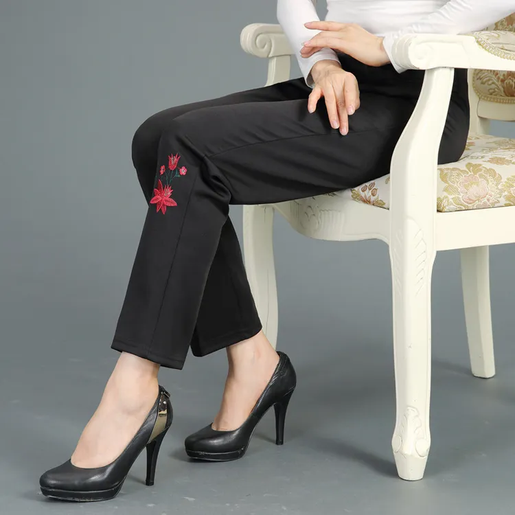 中老年人妈妈裤子春秋薄款夏季女装长裤高腰直筒绣花奶奶松紧女裤