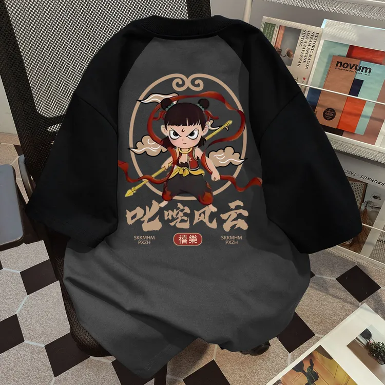 100%纯棉高街设计感2025年夏季新款哪吒同款印花短袖t恤男女上衣