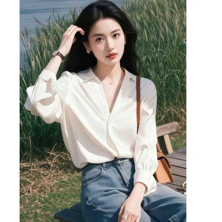 法式V领白色衬衫女2025春秋长袖气质上衣冷淡高级感面试通勤衬衣