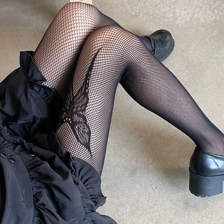 千禧辣妹纯欲风Lolita丝袜潮黑白蝴蝶连裤网袜朋克