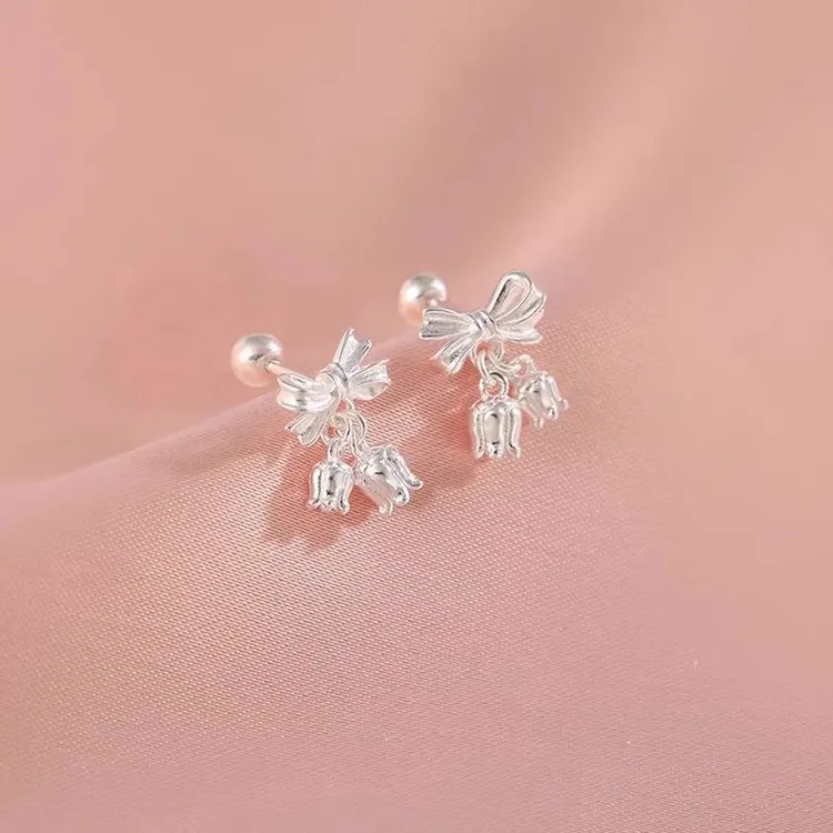 足银耳饰 999纯银铃兰花蝴蝶结耳钉甜美气质小众设计感耳环轻奢女