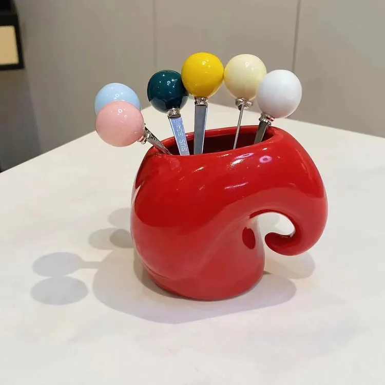 网红过年喜庆陶瓷大红色小象家用304不锈钢叉子水果ins风甜品叉