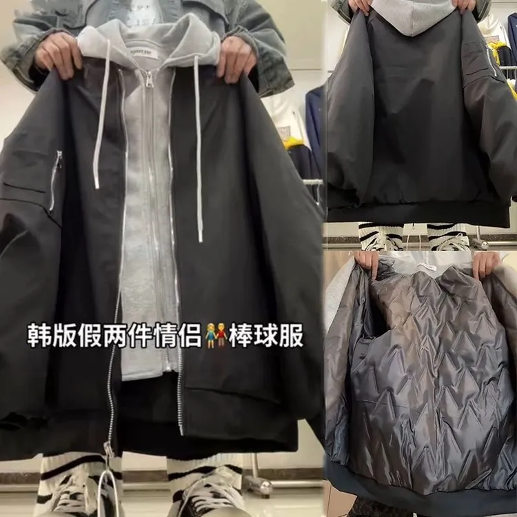 美式连帽假两件夹棉棒球服外套情侣秋冬加厚2025新款韩版宽松棉衣