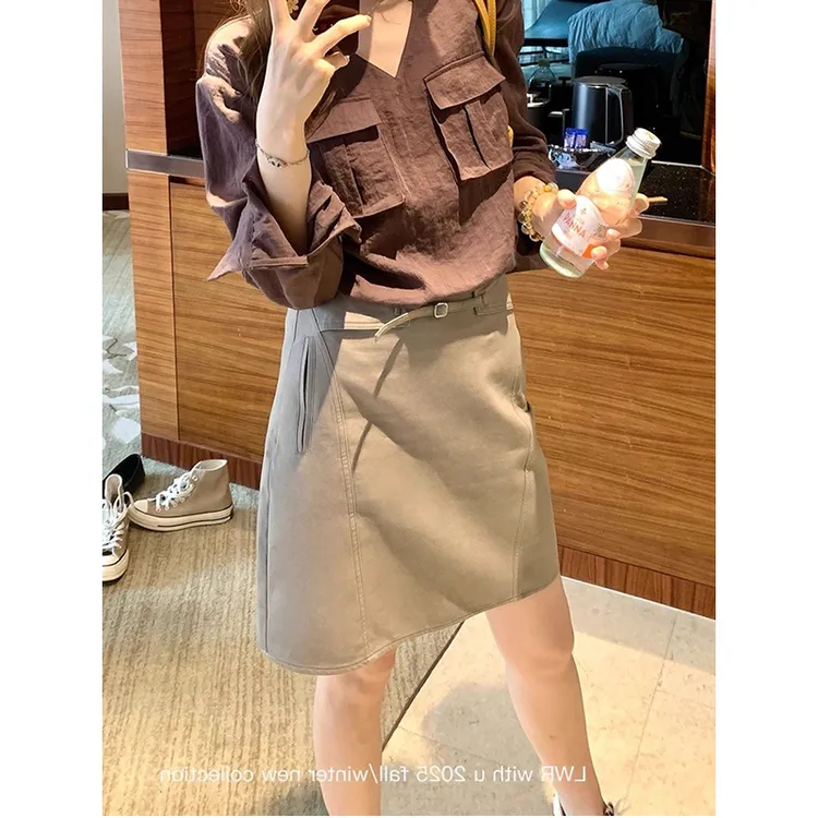 韩系松灰绿分割立体直筒半身裙女秋冬新款显瘦腰头设计感a字中裙