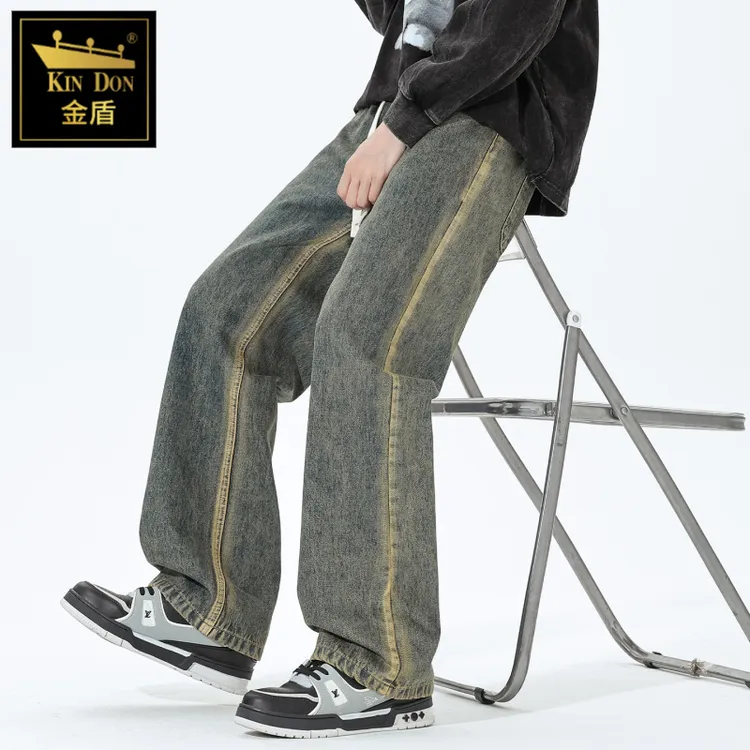 金盾美式复古渐变牛仔裤秋男款潮牌直筒裤水洗大码痞帅高街休闲裤