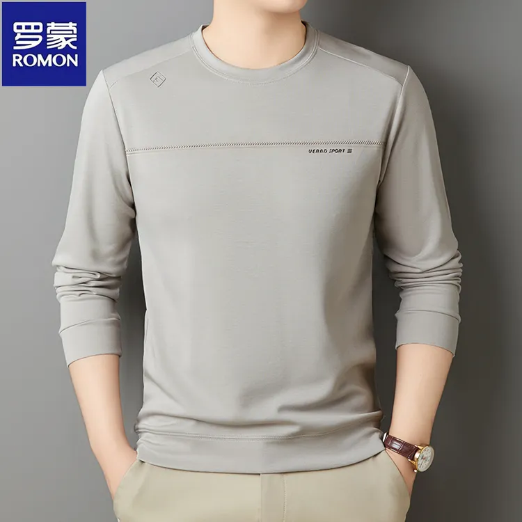 罗蒙【桑蚕丝+绵羊毛】秋季高档男士长袖T恤时尚百搭休闲圆领卫衣潮