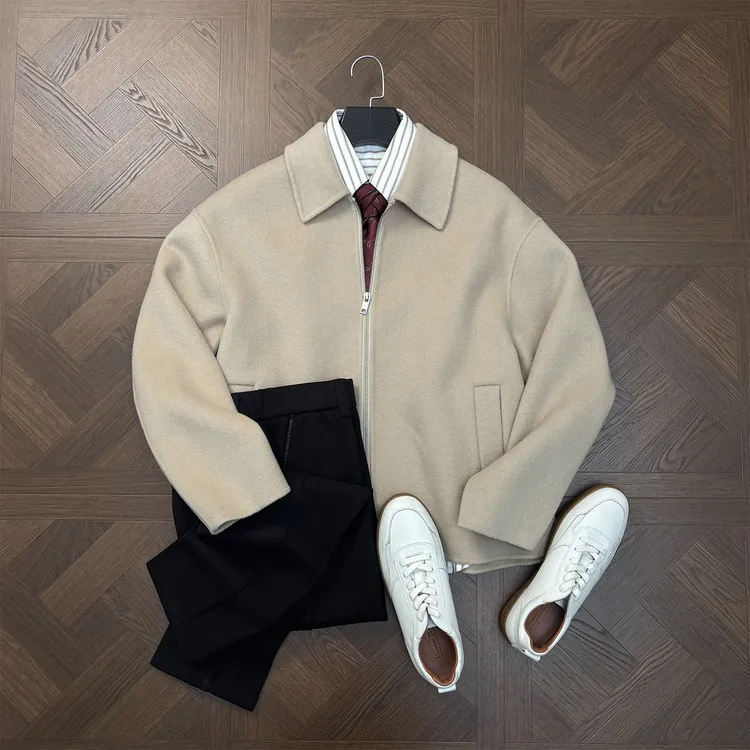 LANSIM·冬季纯羊毛拉链短款夹克男士休闲翻领双面毛呢子大衣外套