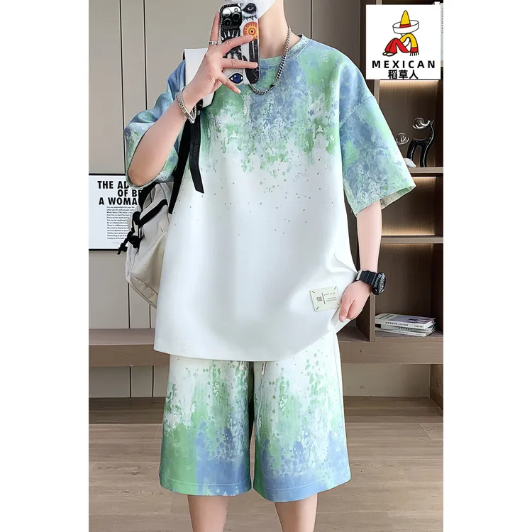 稻草人新款套装男夏季休闲运动冰丝速干男装搭帅气青少年时尚潮流