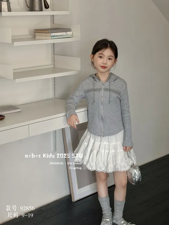 女童韩系百搭修身蕾丝花边连帽针织开衫春季新款