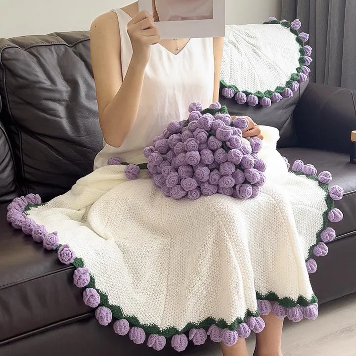 冬季加厚ins风玫瑰花针织棉毛毯家用沙发办公室午睡盖
