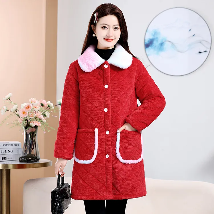 翻领冬季加绒加厚保暖棉袄中长款撞色时尚外套女士棉服外套家居服