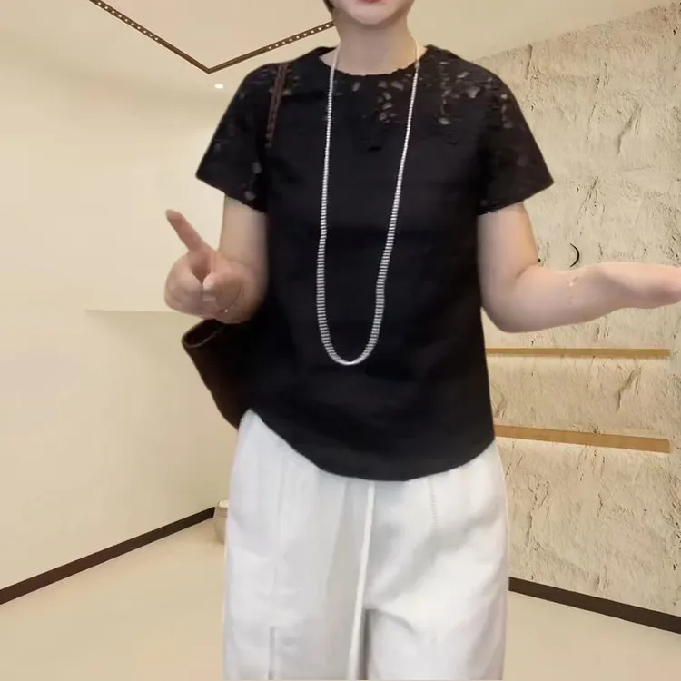 2025夏季新款高级感蕾丝镂空短袖T恤女款女装老钱风宽松时尚上衣