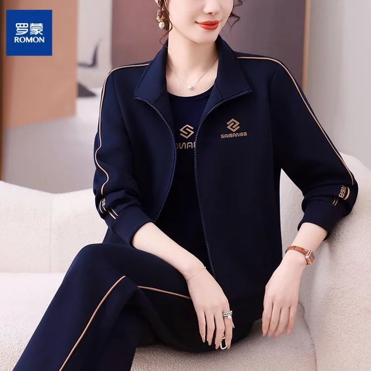 罗蒙春秋新款运动套装女立领显瘦气质休闲时尚减龄韩版宽松三件套