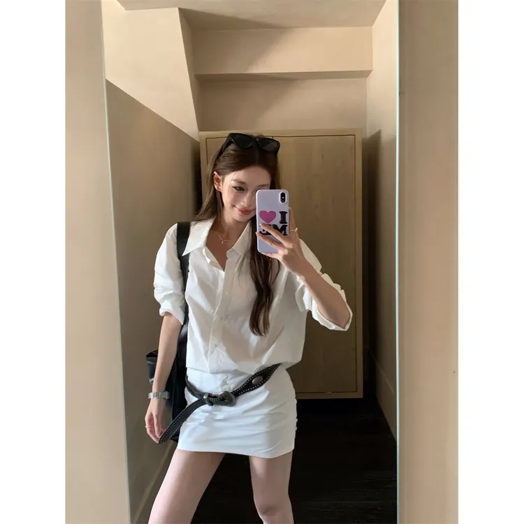 条纹序曲白色长袖衬衫一体连衣裙女夏修身显瘦辣妹短款包臀裙子  