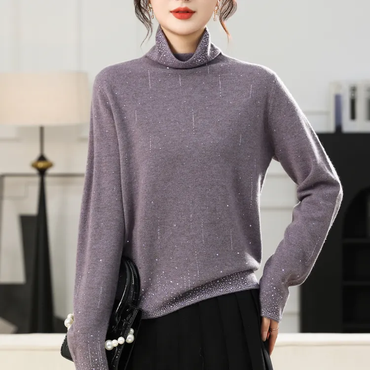 自由领百搭全羊毛镶钻时尚打底衫