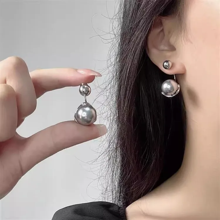 铜合金耳饰 冷淡风前后戴灰珠珠耳环s925银针耳钉新款高级感耳饰
