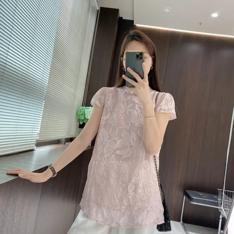 IMFLY金小金自制女装 小衫DYW9388优雅轻纱新中式提花盘扣上衣