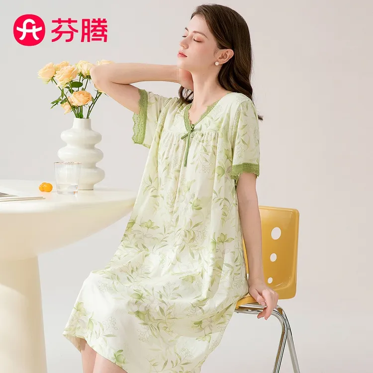 芬腾【柔软新疆棉】夏季新品V领短袖外穿高级感睡裙新品中长裙