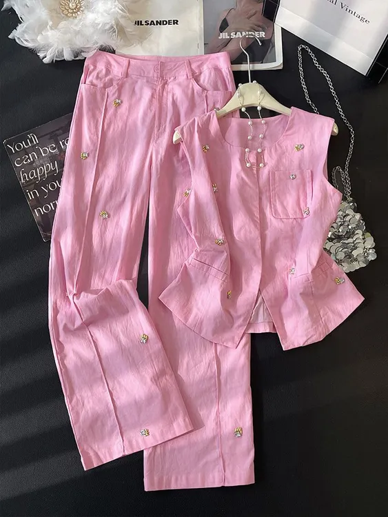 温柔风夏季女装粉色针织开衫上衣休闲舒适阔腿裤时尚减龄两件套潮