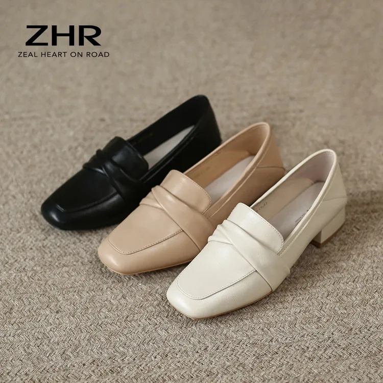 ZHR则则粗跟中口单鞋2025年夏季新款英伦小皮鞋方头一脚蹬乐福鞋